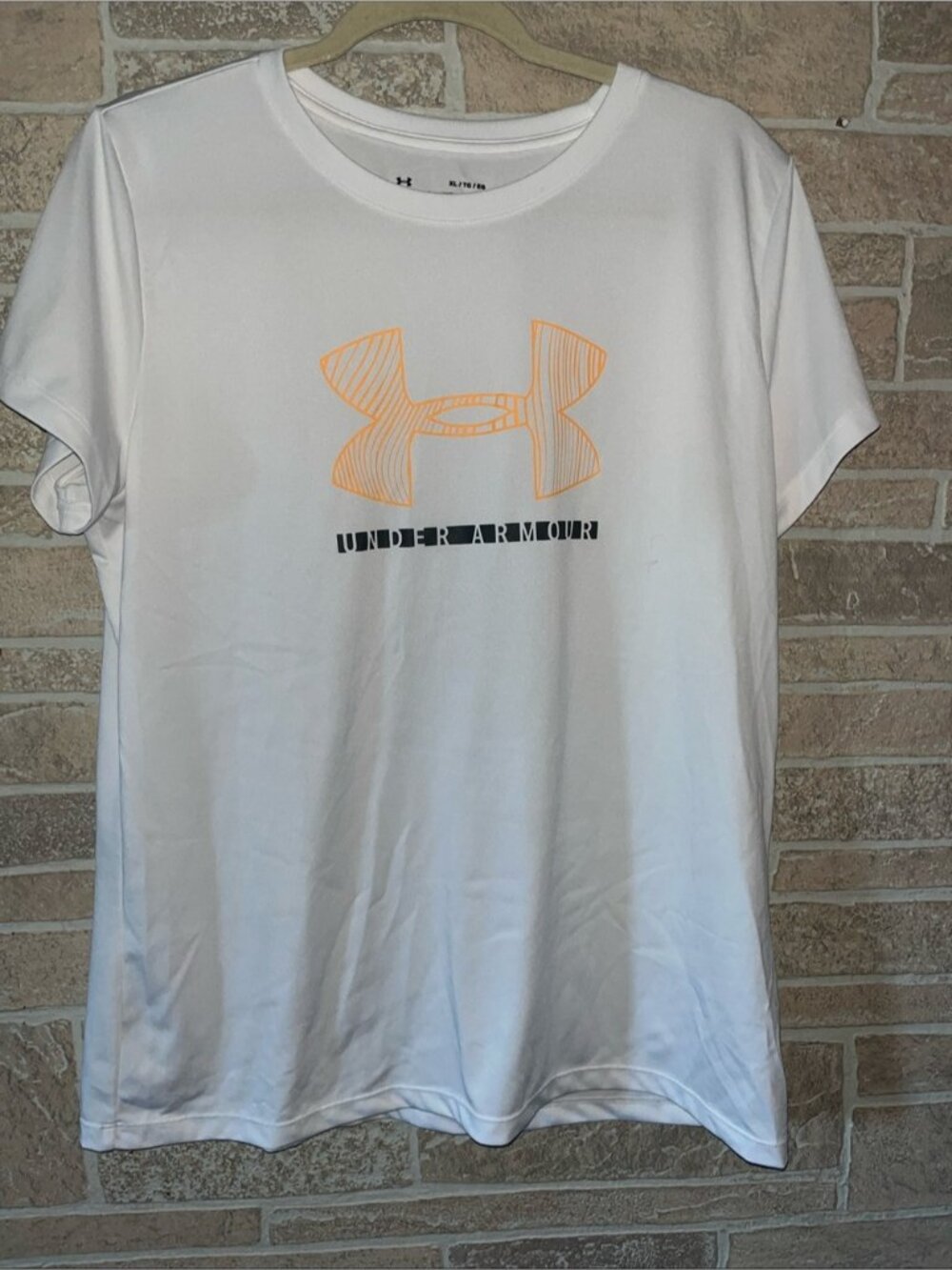 Under Armour White Tee with Orange Logo and Black Text